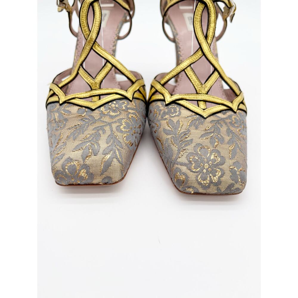 Prada Vintage Gold Floral Brocade Retro Baroque Strappy Square Toe Heels IT 40 - Picture 7 of 11